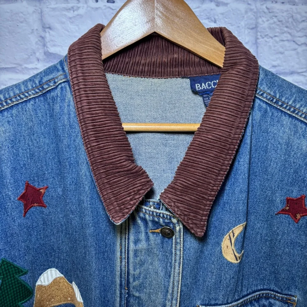Baccini Womens Denim Jacket 2XL Embroidered Birdhouses Vintage Barn Jacket Moon - Picture 5 of 15